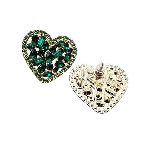 Green Crystal Rhinestone Heart Earrings Pierced Gold Tone Chandelier New - Picture 2 of 3
